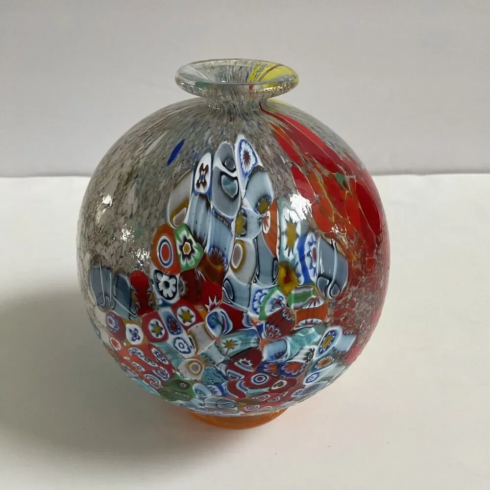 Rare Modernist Murano Eccolo Millefiori Blown Glass Orb Vase Italy Made Sticker